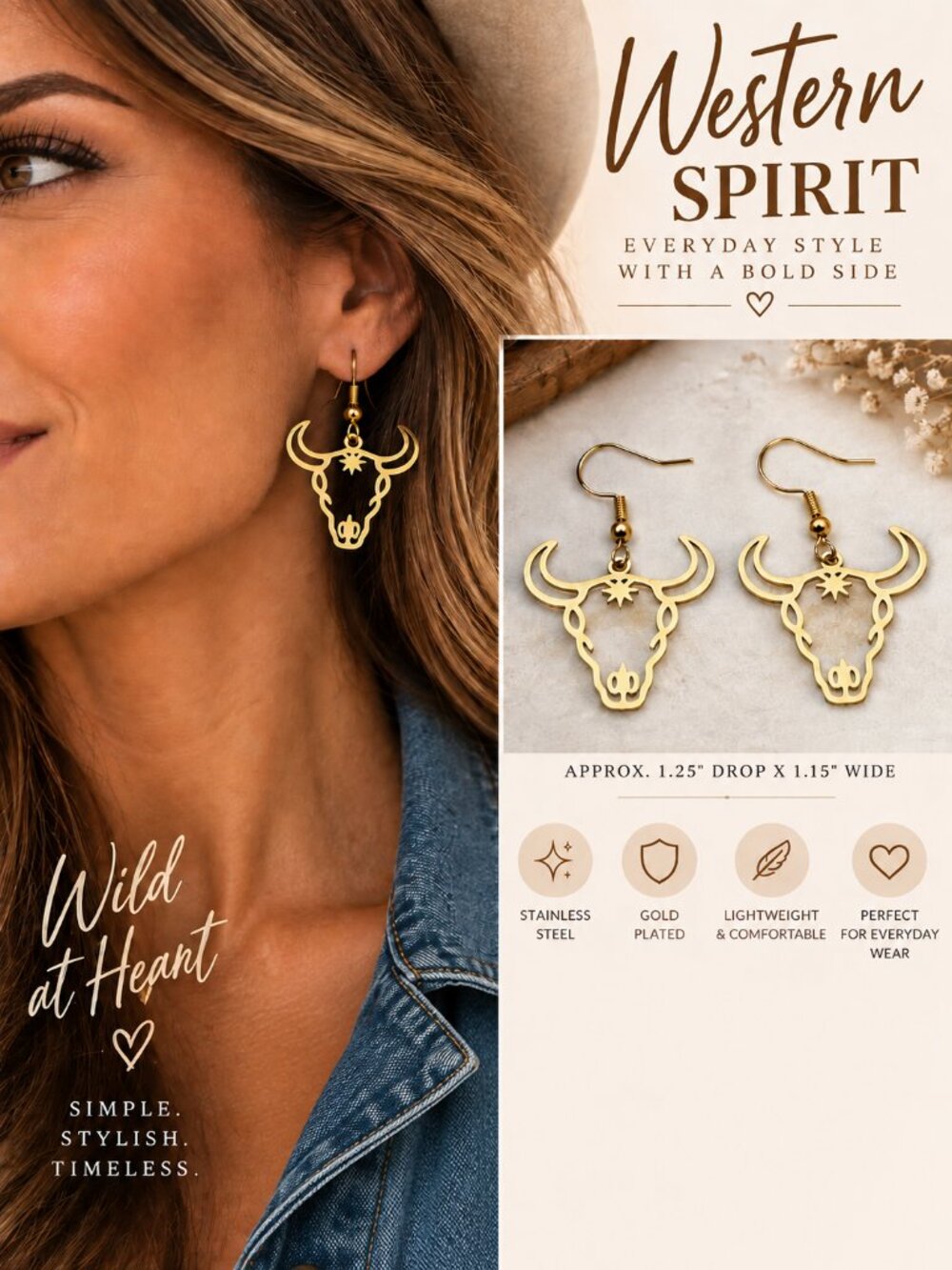 Gold Longhorn Earrings Cow Skull Western Cowgirl Texas Ranch Dangle Jewelry